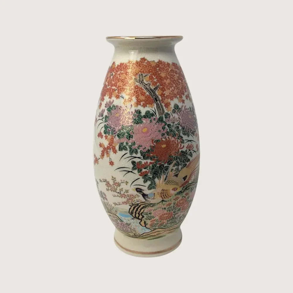 Vintage Japanese Satsuma Pheasant Floral Porcelain Vase
